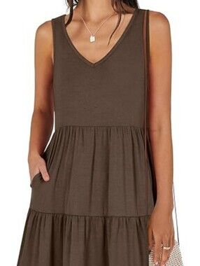 Brown V-Neck Tiered Midi Dress